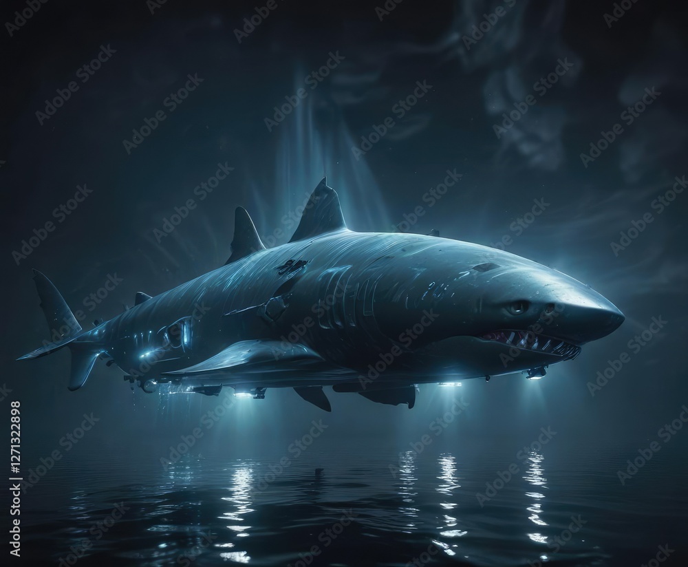Fototapeta premium Dark blue water with a shark-like submarine hovering above it, shining bright with bioluminescent lights , mysterious depths , underwater lighting