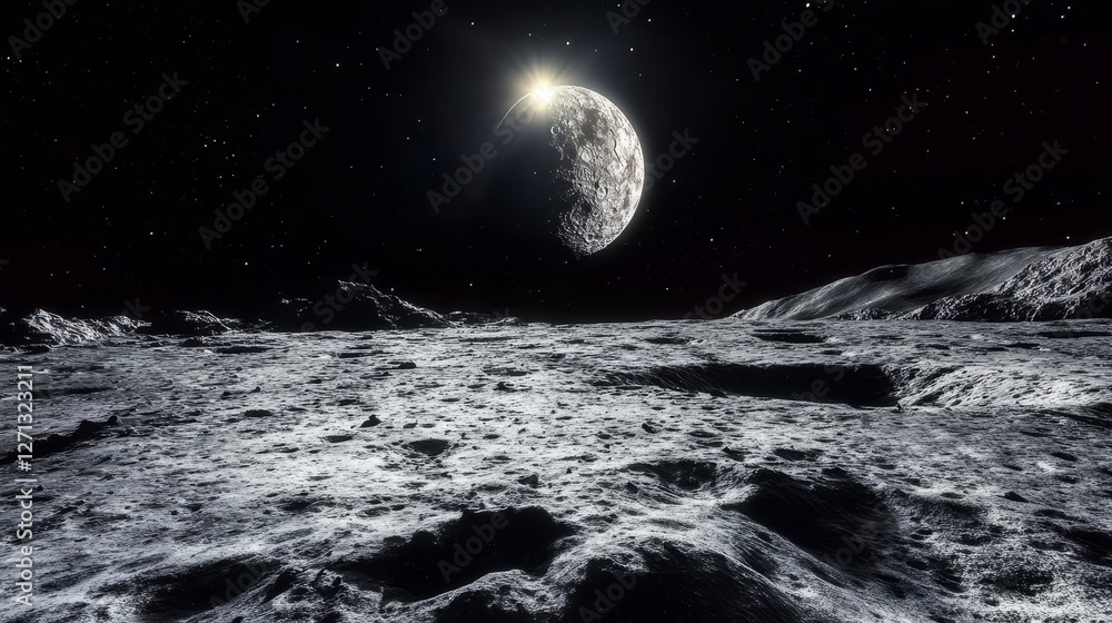 Fototapeta premium Desolate Beauty A Panoramic View of the Moon s Rugged Terrain Under a Crescent Earth.