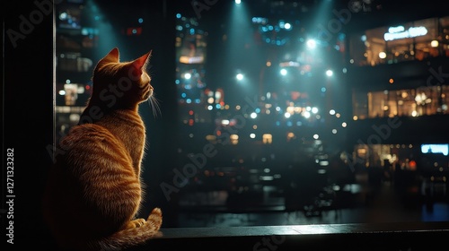 Cat sitting on a ledge gazing at an urban skyline in a sunny day photo