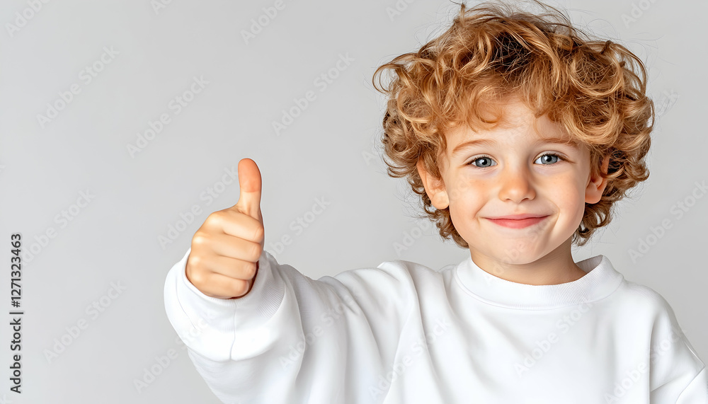 Happy boy thumbs up, studio portrait, grey background, approval Happy boy thumbs up, studio portrait, grey background, approval