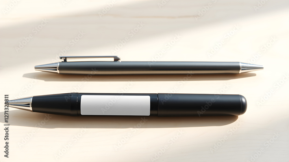 A sleek, minimalist pen mockup placed on a light wooden desk with an empty space on the pen's barrel for your logo or branding. Soft, natural lighting enhances the clean, professional look. A sleek, minimalist pen mockup placed on a light wooden desk with an empty space on the pen's barrel for your logo or branding. Soft, natural lighting enhances the clean, professional look.
