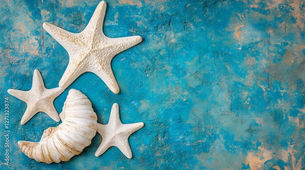 Collection of Seashells and Starfish on Textured Turquoise Background Collection of Seashells and Starfish on Textured Turquoise Background