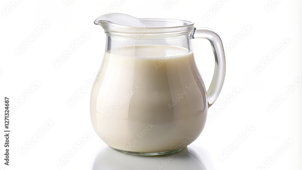 Glass Pitcher of Milk on White Background