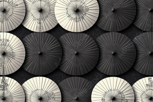 Close-up view of numerous black and off-white parasols arranged in a repeating pattern. The parasols feature intricate designs. The background is a dark, textured surface photo