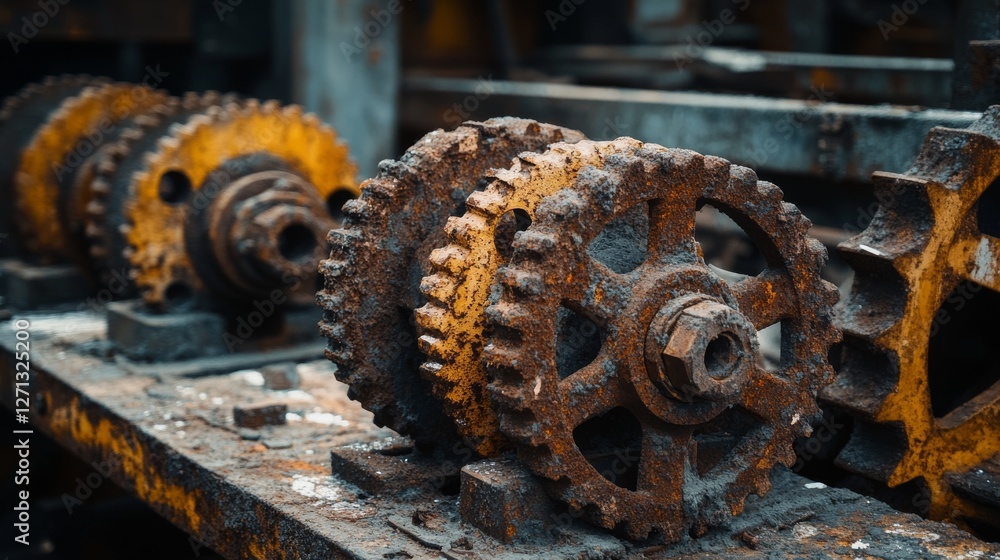 Rusty gears align in an industrial setting, evoking a sense of time and durability amidst a backdrop of cool metallic tones. Rusty gears align in an industrial setting, evoking a sense of time and durability amidst a backdrop of cool metallic tones.