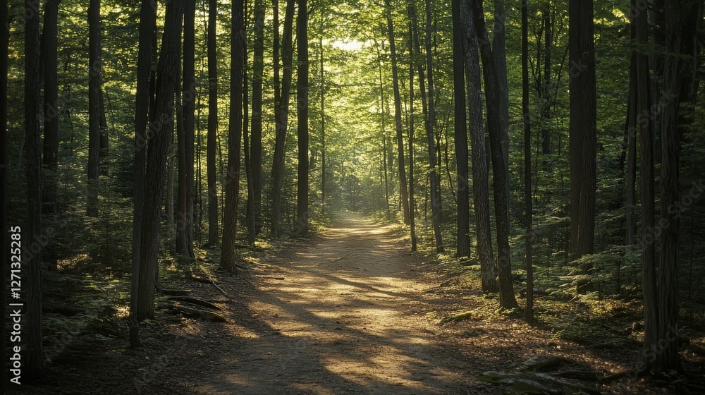 Fototapeta premium A sunlit forest path meanders through towering trees, casting playful shadows on the ground as a golden glow engulfs the tranquil woodland.