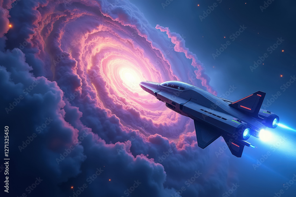 A fantastic image of a space portal and a spaceship flying into it, a funnel surrounded by clouds and flashes of light, a wormhole through the universe. A fantastic image of a space portal and a spaceship flying into it, a funnel surrounded by clouds and flashes of light, a wormhole through the universe.