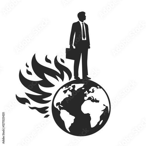 Silhouette of a businessman standing on a burning Earth, symbolizing global crisis or indifference.