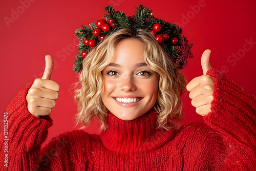 Happy woman in red sweater, Christmas wreath, thumbs up photo