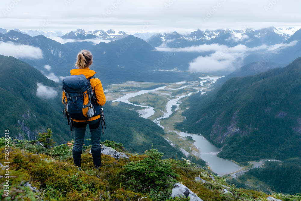 Hiker mountaintop vista river valley cloudscape travel