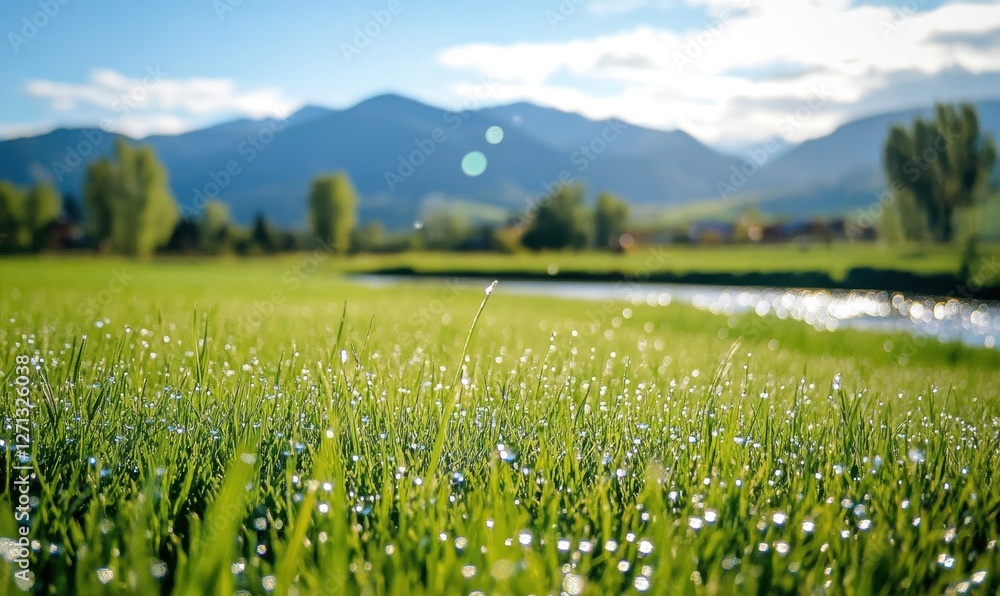 Fototapeta premium Dew-kissed grass glistens in the morning sunlight with mountains and a river in the background