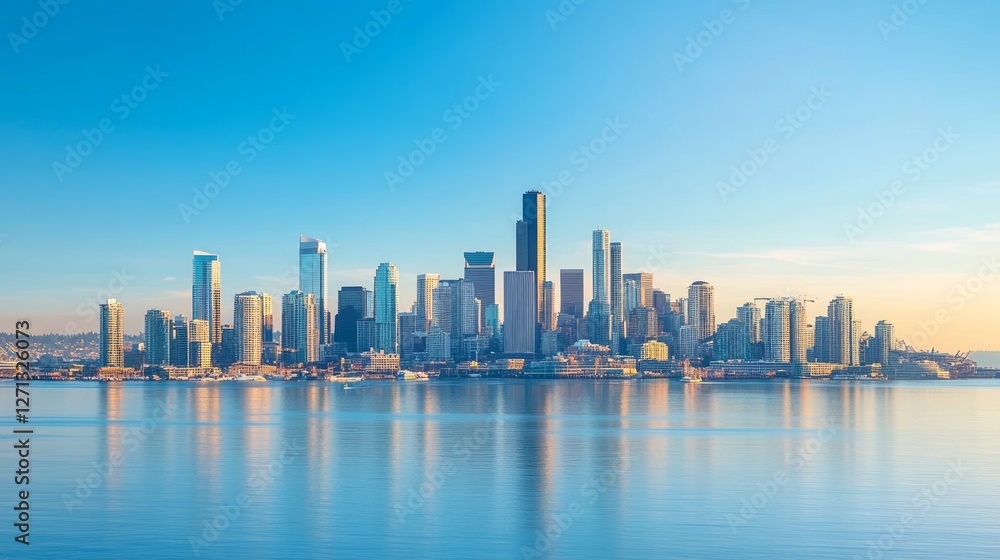 Obraz premium Seattle Skyline Panorama: Majestic Skyscrapers Reflecting on a Calm Bay