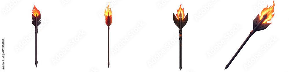 Close up of various primitive tribal weapon arrows with fiery flaming elements suggesting danger magic and ancient combat The image evokes a sense of fantasy adventure and primitive survival tools Close up of various primitive tribal weapon arrows with fiery flaming elements suggesting danger magic and ancient combat The image evokes a sense of fantasy adventure and primitive survival tools