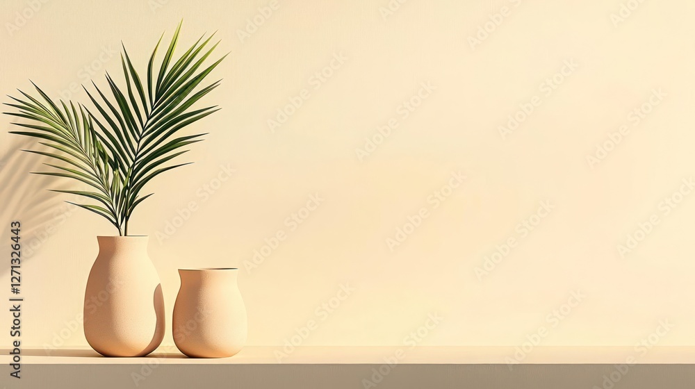 Beige Vases with Palm Leaf on Shelf Against Cream Wall Beige Vases with Palm Leaf on Shelf Against Cream Wall