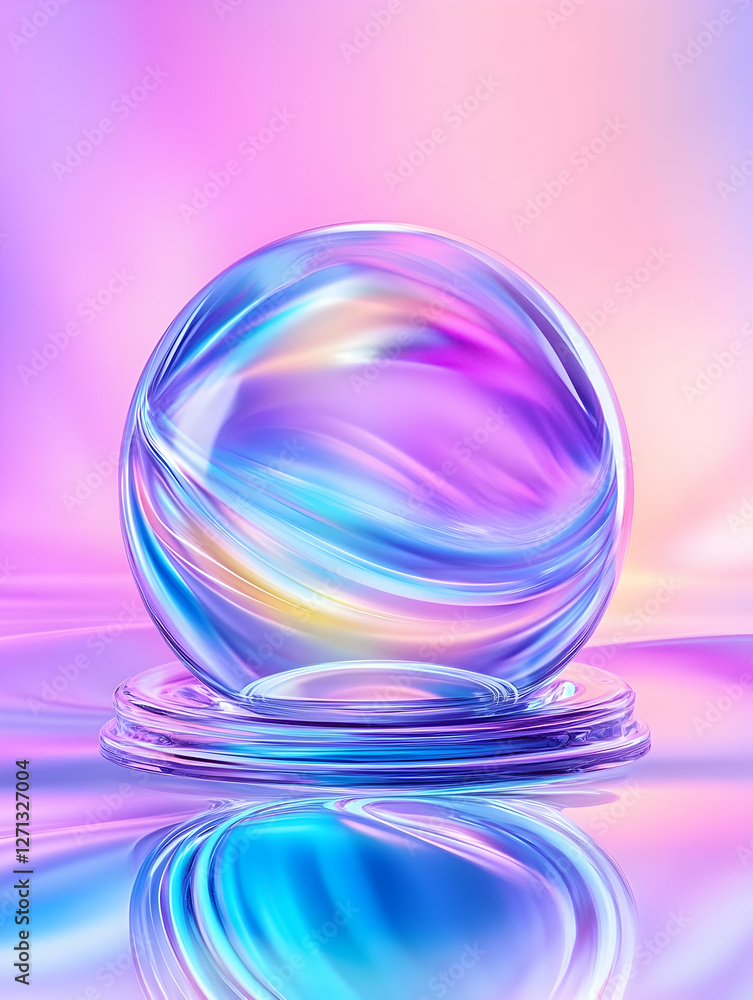 Obraz premium Iridescent glass sphere on platform, pastel background, abstract art, website design