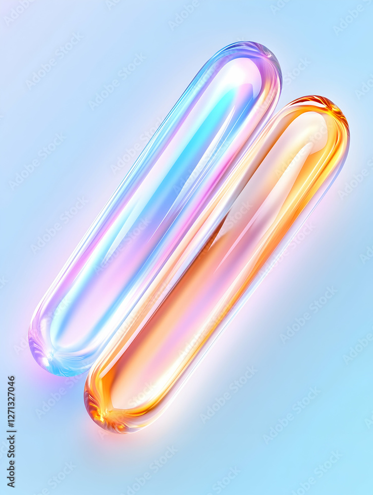 Iridescent glass tubes on blue background; abstract design Iridescent glass tubes on blue background; abstract design