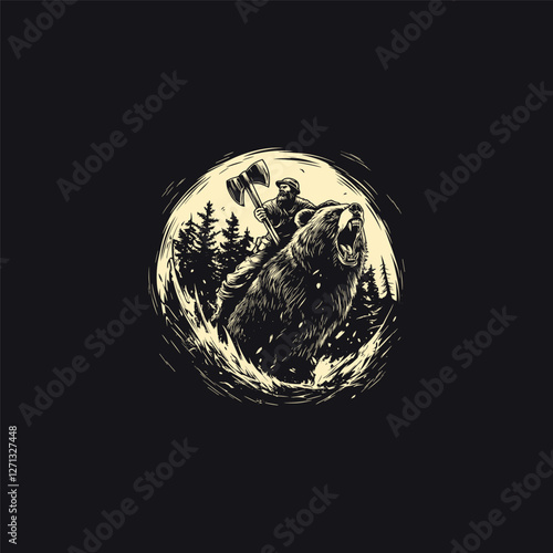 Lumberjack riding mighty bear in the forest design vector template logo t-shirt illustration