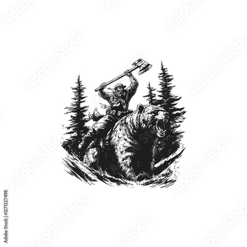 Lumberjack riding mighty bear in the forest design vector template logo t-shirt illustration