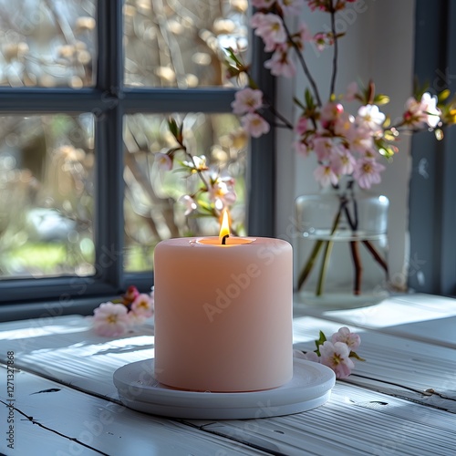 a single pastel pink candle placed in the center o caaaabbdde AI generated illustration photo