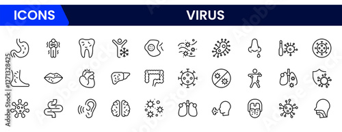 Flu and coronavirus icons set. Collection of linear simple web icons such as hygiene, disinfection, symptoms, treatment, virus, prevention and other.