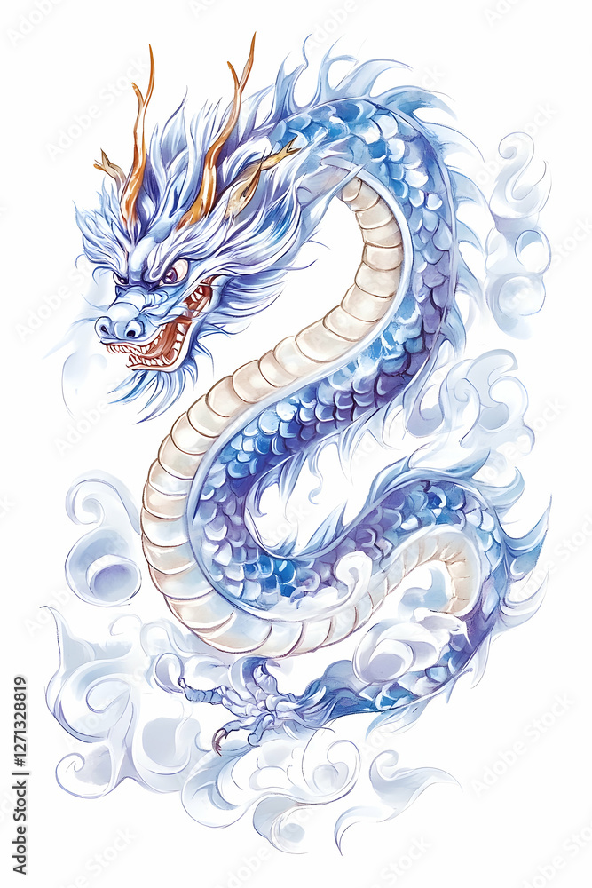 Fototapeta premium Majestic blue dragon coiled, mythical creature art
