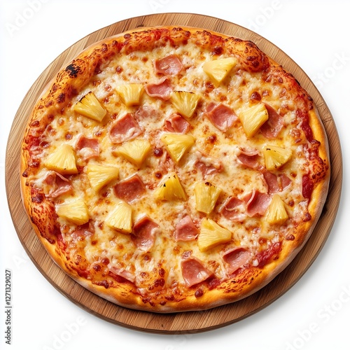 A realistic Hawaiian pizza with melted cheese, pineapple chunks, and ham slices on a wooden board, isolated on a white background.