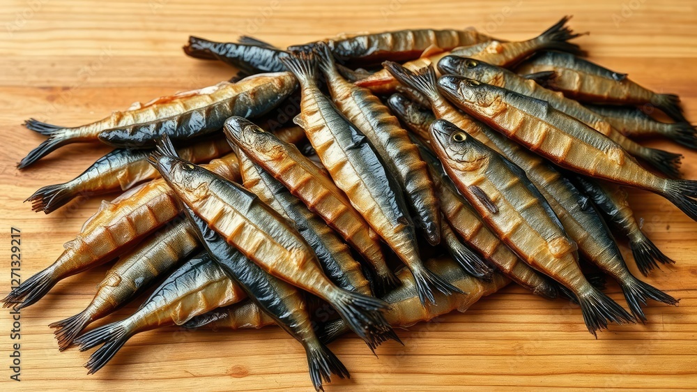 Dried anchovies arranged on a wooden board, ingredient showcase, Dried anchovies arranged on a wooden board, ingredient showcase,