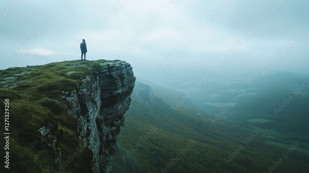 Fototapeta premium A solitary figure stands atop a misty cliff, gazing at the expansive landscape below, enveloped in a sense of isolation and tranquility.