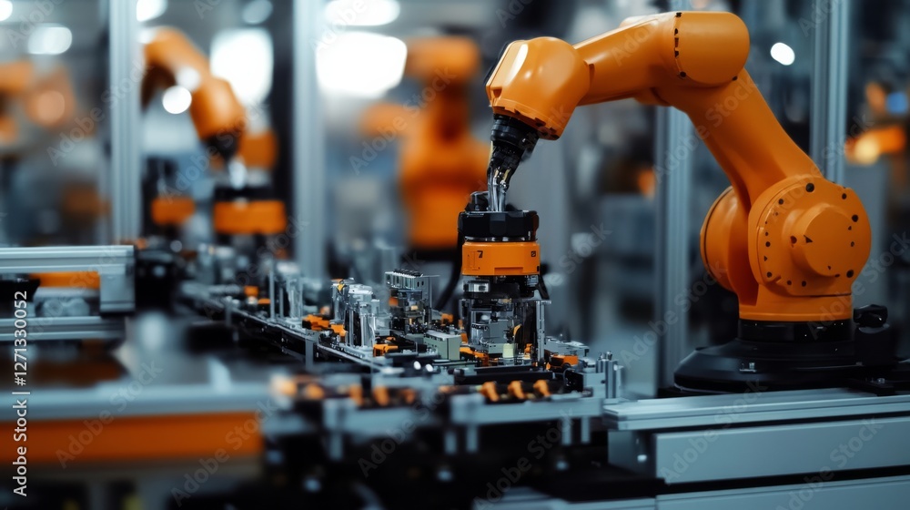 Fototapeta premium Machinery in action with robotic arms assembling on a production line, highlighting precision and innovation in modern industry.