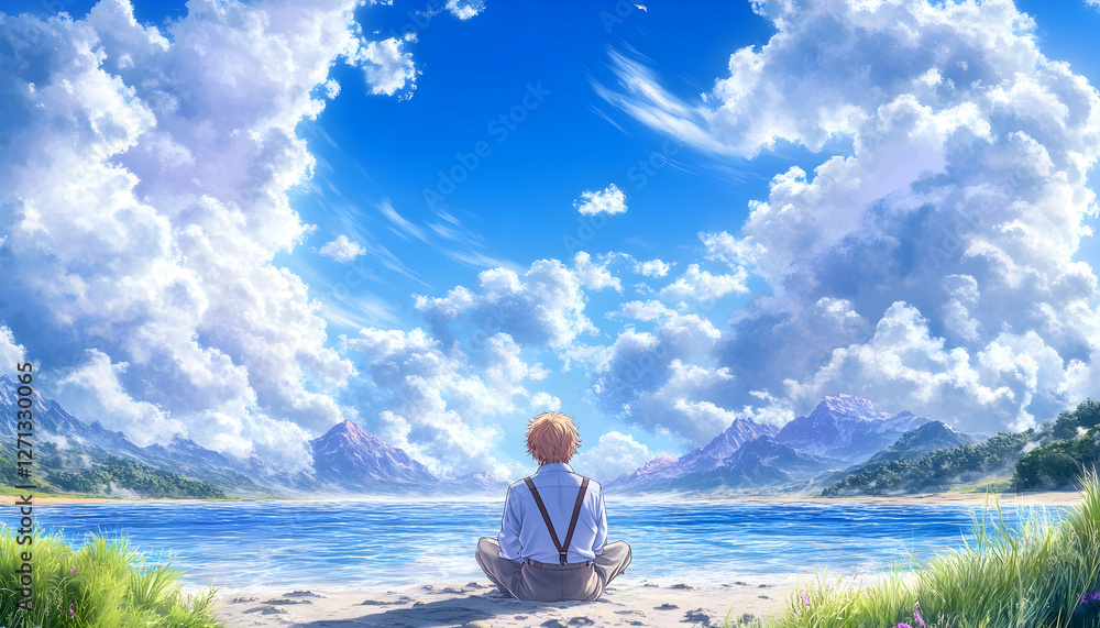 Man meditates by lake, mountains backdrop, sunny sky Man meditates by lake, mountains backdrop, sunny sky