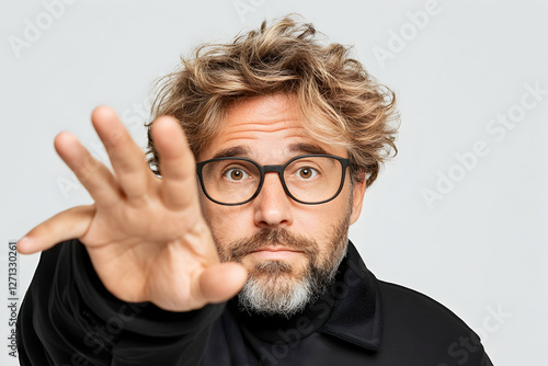 Man rejecting, hand forward, studio, grey background, portrait photo