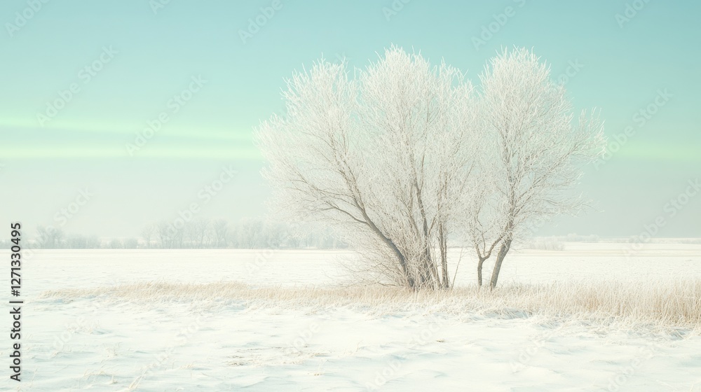 Frosted trees stand in a snowy field under a clear turquoise sky, evoking a serene winter's day. Frosted trees stand in a snowy field under a clear turquoise sky, evoking a serene winter's day.