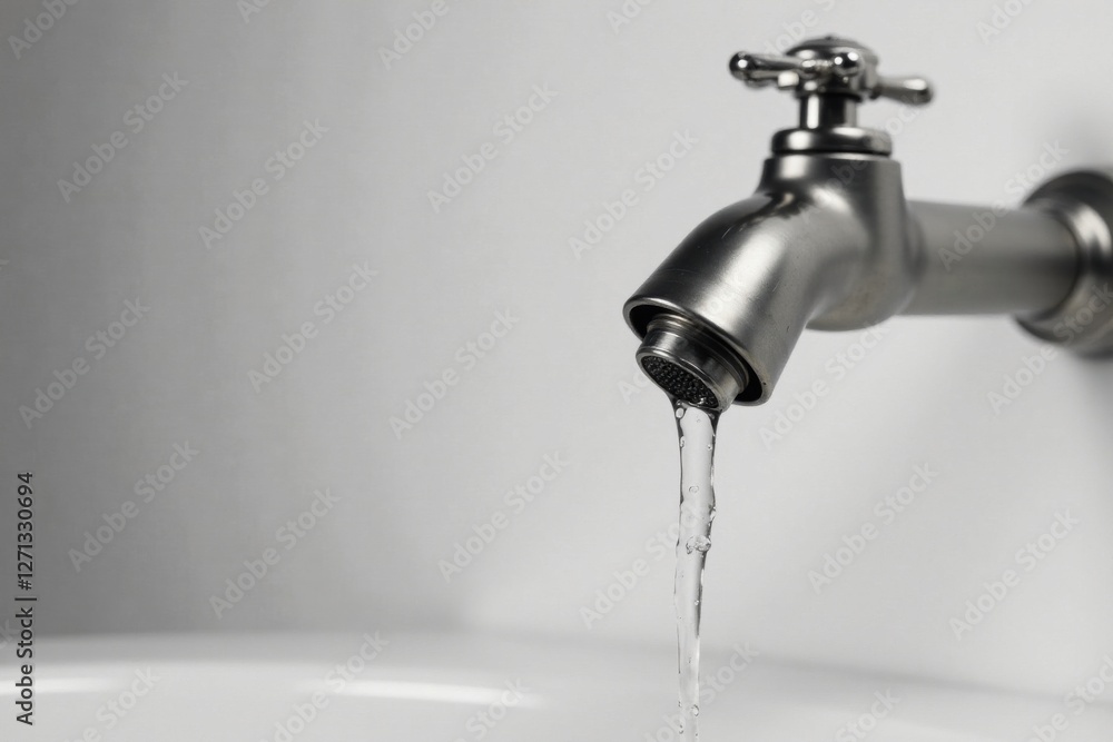 A sleek metallic faucet with a steady stream of fresh water flowing from its spout, reflecting purity and functionality A sleek metallic faucet with a steady stream of fresh water flowing from its spout, reflecting purity and functionality