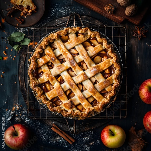 A freshly baked apple pie on a cooling rack, the scent of cinnamon filling the air. photo