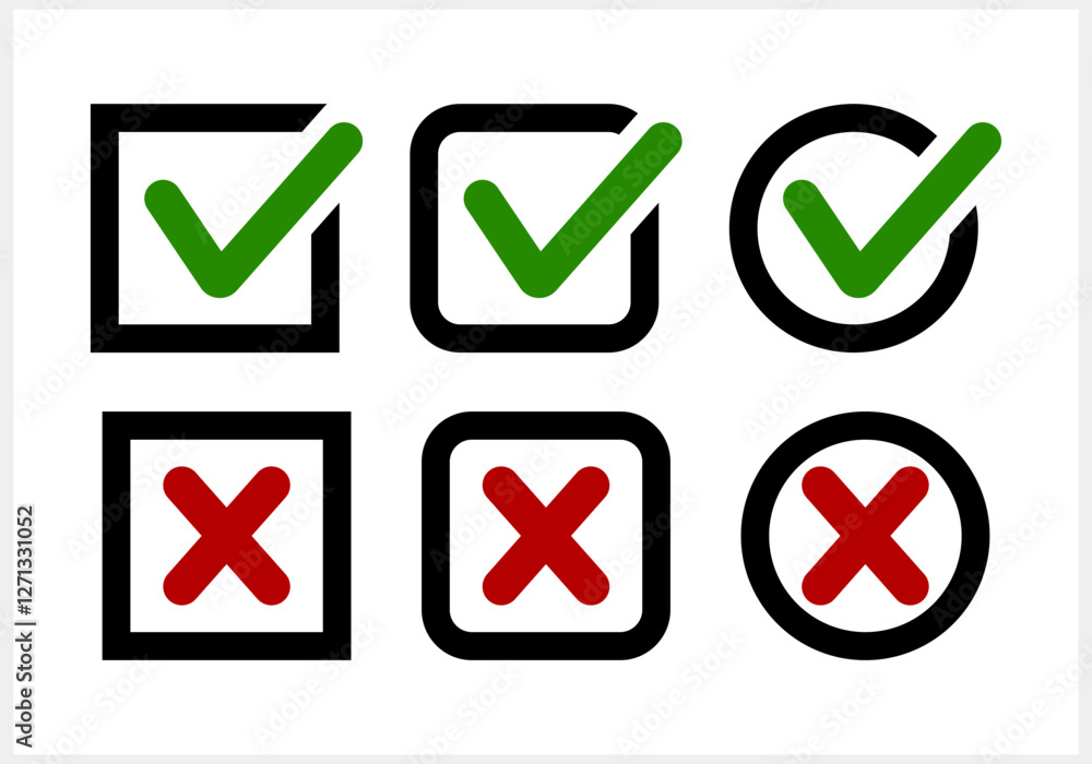 Green tick and red cross icon Check mark clipart set. X, yes, no symbol. Vector stock illustration Green tick and red cross icon Check mark clipart set. X, yes, no symbol. Vector stock illustration