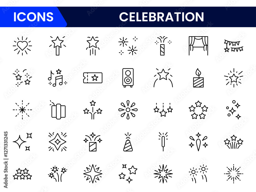 Obraz premium Celebrate icon set. Containing celebration, fireworks, cheers, party, gifts, champagne, surprises, events, balloons, and invitations. vector collection.