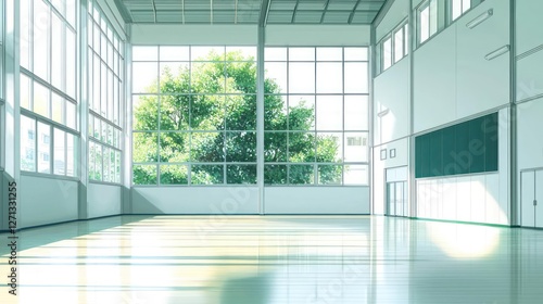 Bright Spacious Modern Building Interior with Large Windows and Green Tree View