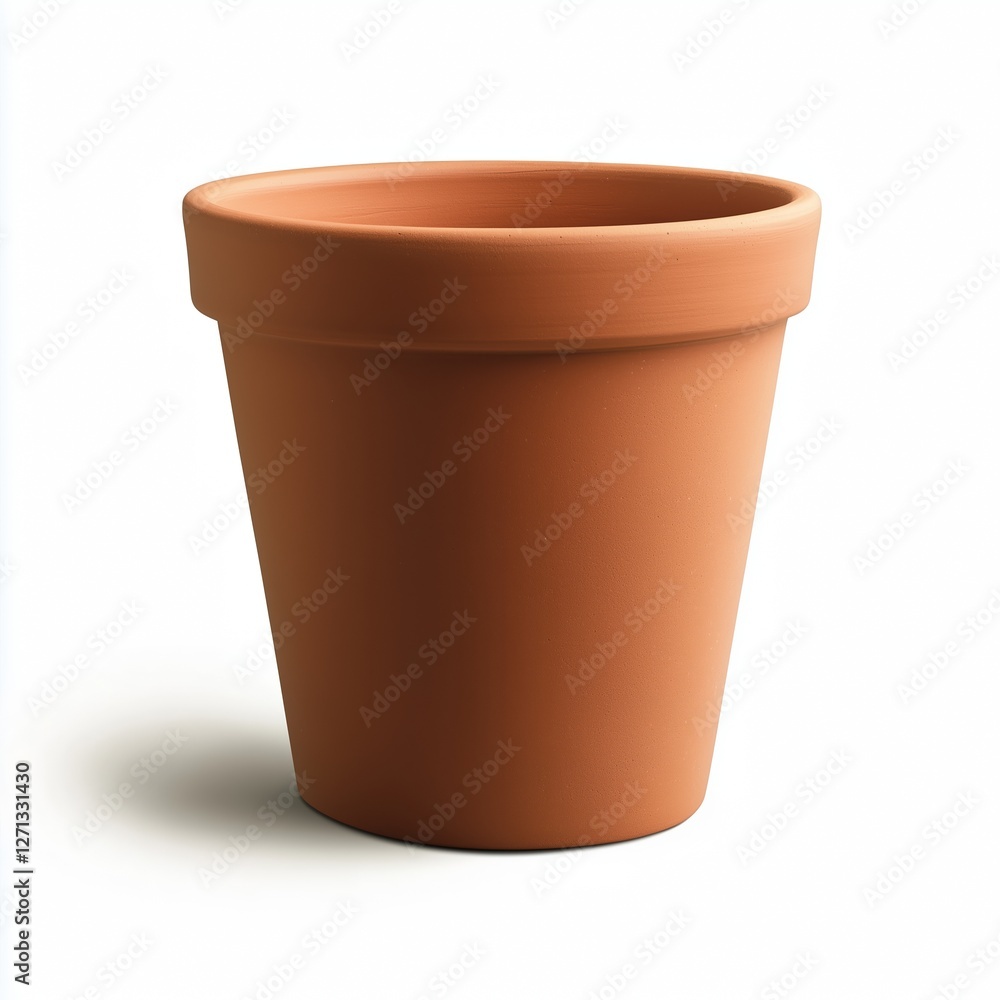 A realistic terracotta clay flower pot with a smooth surface, tapered shape, and rolled rim, isolated on a clean white background with perfect lighting. A realistic terracotta clay flower pot with a smooth surface, tapered shape, and rolled rim, isolated on a clean white background with perfect lighting.