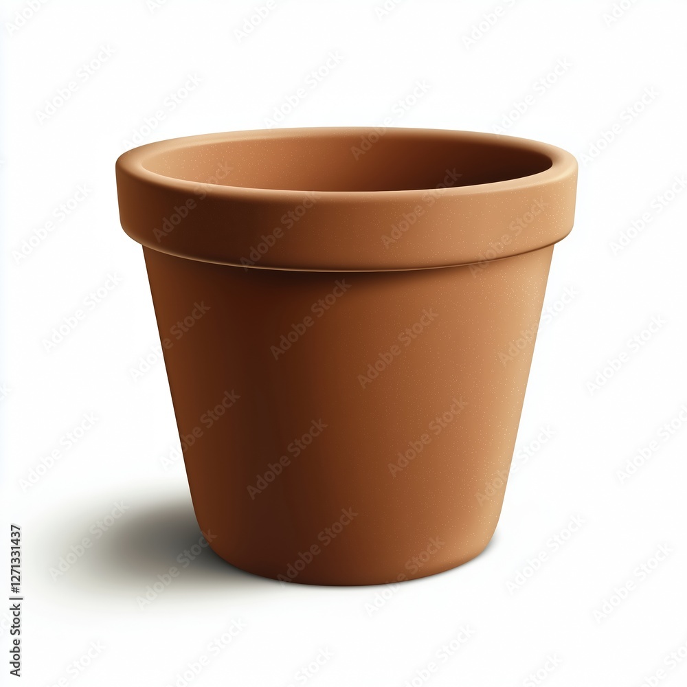 A realistic terracotta clay flower pot with a smooth surface, tapered shape, and rolled rim, isolated on a clean white background with perfect lighting. A realistic terracotta clay flower pot with a smooth surface, tapered shape, and rolled rim, isolated on a clean white background with perfect lighting.