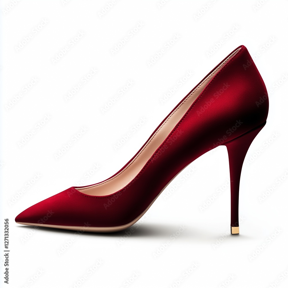 Obraz premium A single elegant red suede high-heeled pump pointed toe slim stiletto heel soft velvety texture deep red color beige leather interior side profile pure white background.