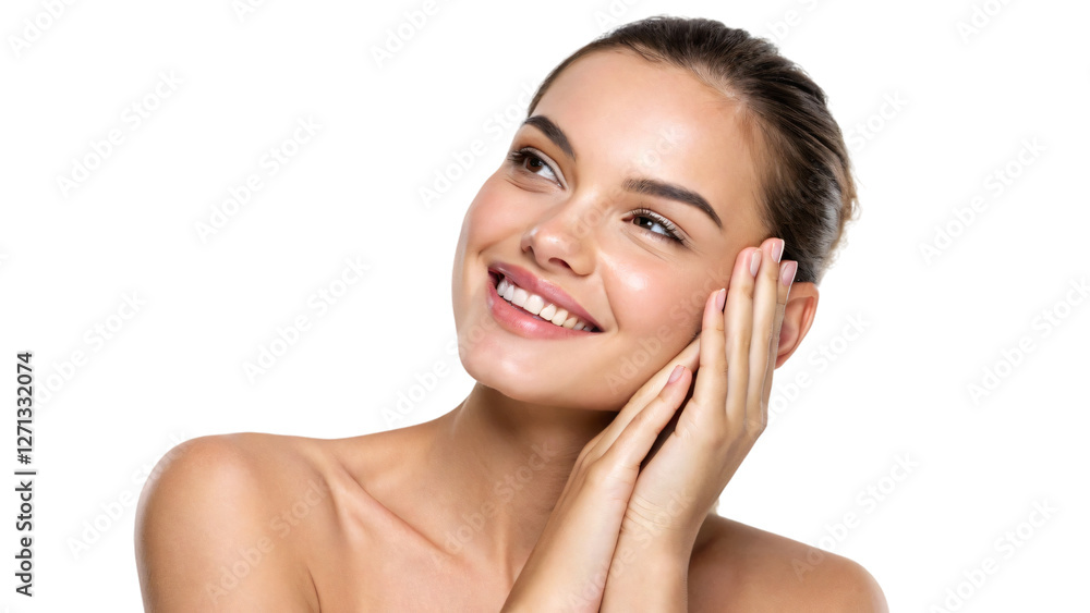 A smiling brunette woman with clean, healthy skin enjoys a natural treatment A smiling brunette woman with clean, healthy skin enjoys a natural treatment