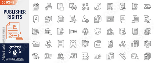 Publisher rights line icon set. Editable stroke. Containing as copyright, license, publisher, intellectual property, plagiarism and more. Vector illustration