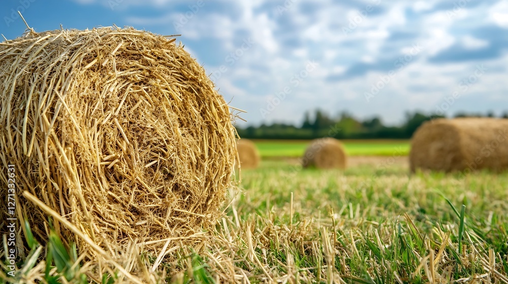 Rural landscape with hay bales spread across fields under a bright blue sky : Generative AI Rural landscape with hay bales spread across fields under a bright blue sky : Generative AI