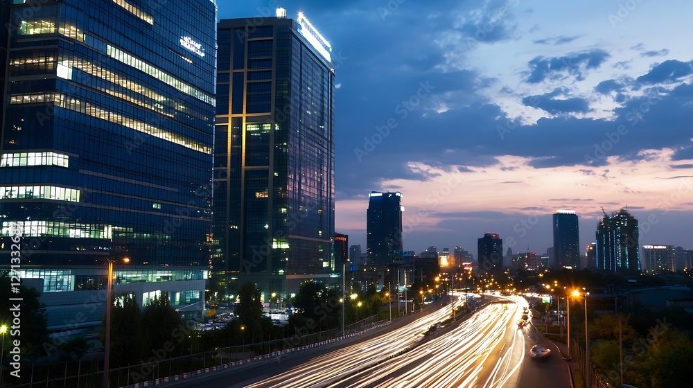 Fototapeta premium Dynamic cityscape illuminated at dusk showcasing modern skyscrapers with moving traffic symbolizing urban life and development : Generative AI