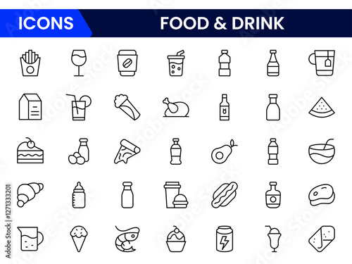 Food and drink web icons in line style. Meal, restaurant, dishes, fruits, fastfood, burger, pizza, coffee, sandwich, collection. Vector illustration.