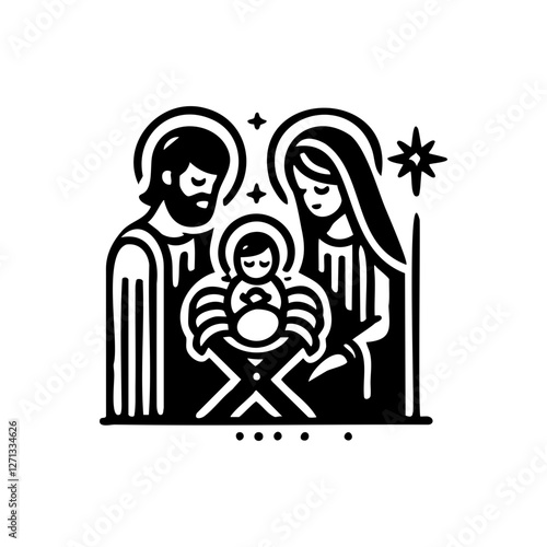 Black and White Nativity Scene Illustration