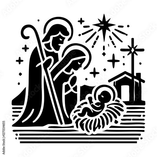 Black and White Nativity Scene with Holy Family