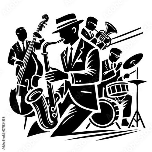 Black and White Jazz Musicians Performing Illustration
