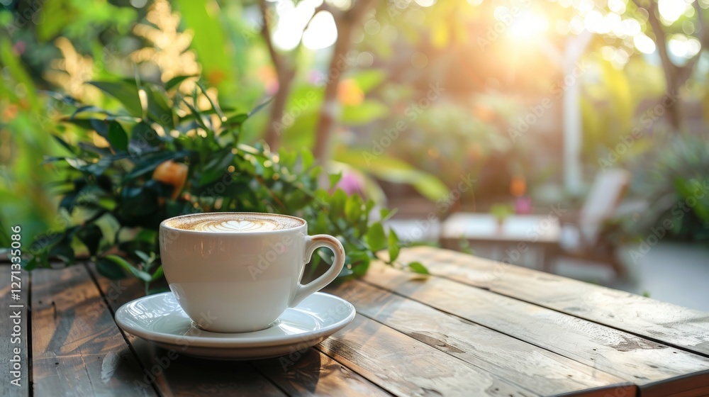 Coffee on a table with an outdoor setting Coffee on a table with an outdoor setting