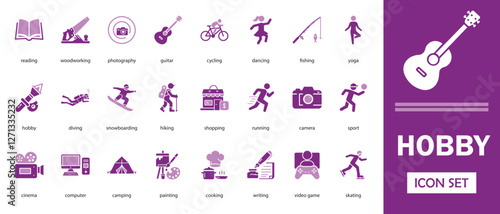 Clean hobby, craft, leisure, creativity, DIY, music, art, sport, and pastime icons for lifestyle apps, blogs, infographics, and modern UI design.